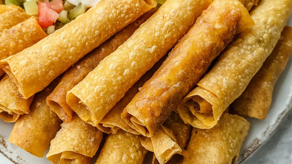 A plate of golden, crispy chicken taquitos served with diced tomatoes and jalapeños in the background.