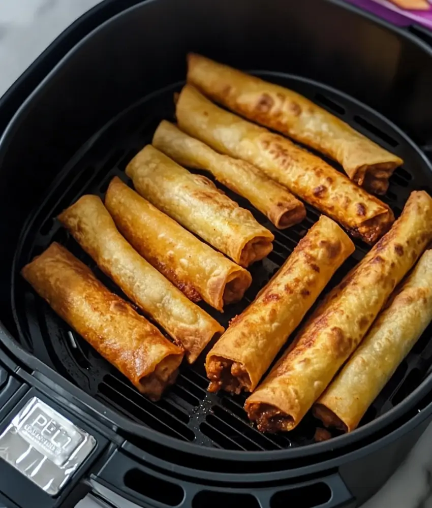 Crispy chicken taquitos cooking in an air fryer, showcasing their golden-brown tortillas.