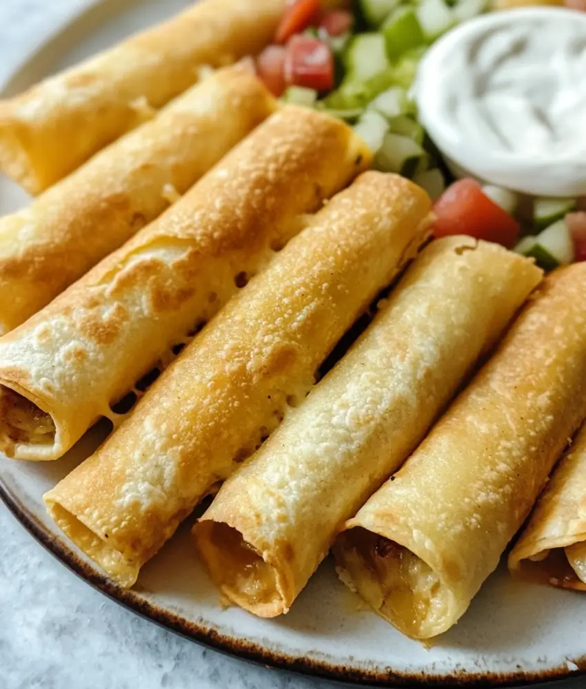 A plate of crispy chicken taquitos served with fresh diced tomatoes, cucumbers, and a side of sour cream.