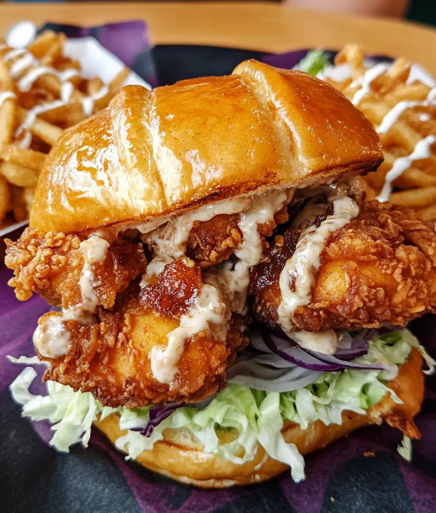 Close-up of a crispy fried chicken burger featuring golden fried chicken, creamy sauce, shredded lettuce, purple cabbage, and a glossy brioche bun.