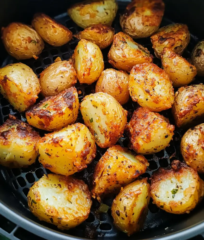 Crispy and golden baby potatoes seasoned with herbs and spices, freshly cooked in an air fryer basket.