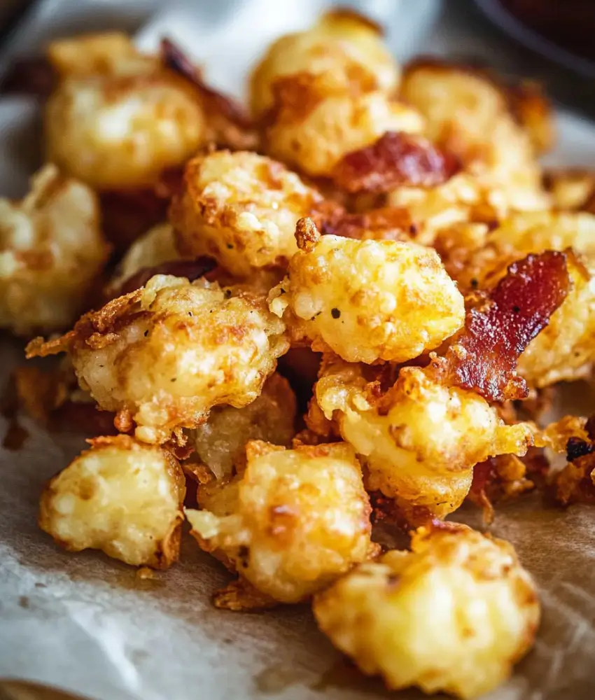 Close-up of crispy golden tater tots topped with melted cheese and crumbled bacon on parchment paper.