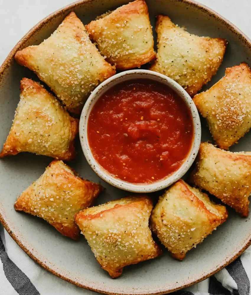 A plate of golden-brown pizza rolls arranged around a bowl of marinara dipping sauce.