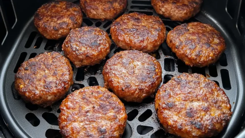 Close-up of golden-brown sausage patties cooked in an air fryer basket.