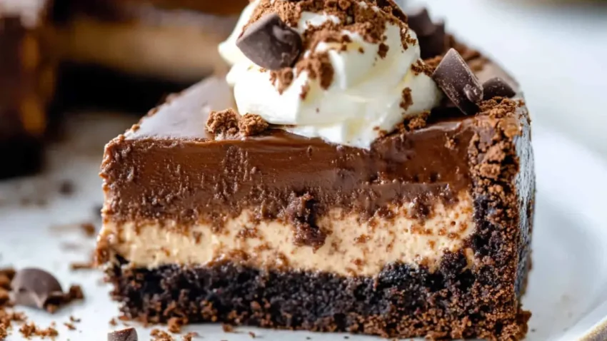 A slice of brownie cheesecake with a chocolate crust, creamy cheesecake center, and rich chocolate ganache topping, garnished with whipped cream, chocolate shavings, and cocoa powder.