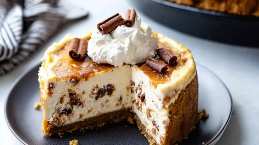 A slice of cinnamon roll cheesecake topped with whipped cream and cinnamon sticks, served on a dark plate with a creamy filling and a golden-brown crust.