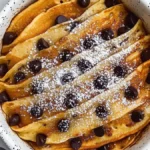 Close-up of a pancake casserole topped with chocolate chips and powdered sugar, served in a speckled baking dish.