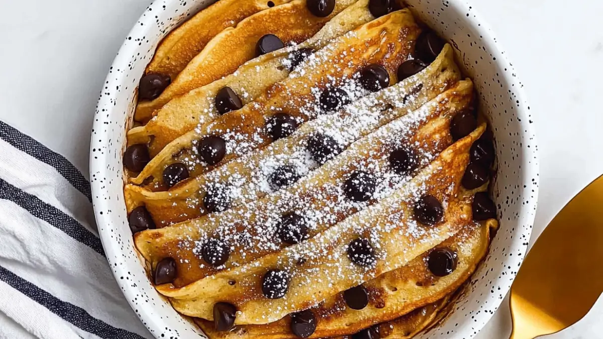 Close-up of a pancake casserole topped with chocolate chips and powdered sugar, served in a speckled baking dish.