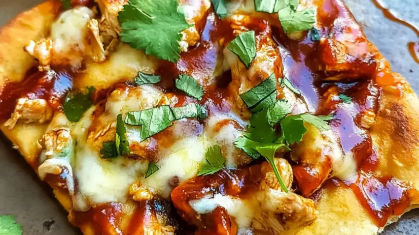 BBQ flatbread with chicken, melted cheese, barbecue sauce, and fresh cilantro leaves.