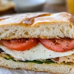 A close-up of a ciabatta sandwich filled with fresh tomato slices, melted cheese, spinach leaves, and seasoned toppings.