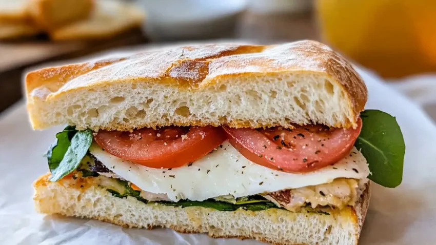 A close-up of a ciabatta sandwich filled with fresh tomato slices, melted cheese, spinach leaves, and seasoned toppings.