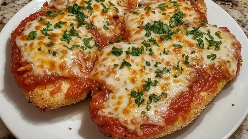 Golden breaded chicken breasts topped with marinara sauce, melted mozzarella cheese, and fresh parsley, served on a white plate.