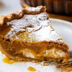 Close-up of a slice of Milk Bar pumpkin pie on a white plate, topped with powdered sugar, showing its creamy filling and flaky crust.