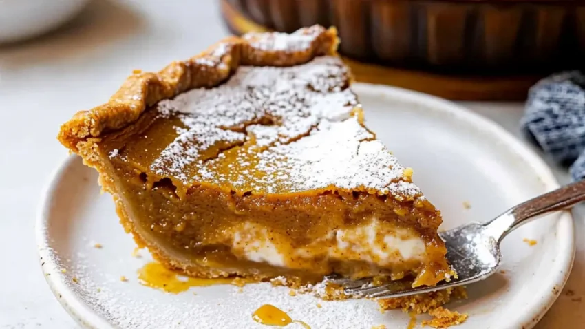 Close-up of a slice of Milk Bar pumpkin pie on a white plate, topped with powdered sugar, showing its creamy filling and flaky crust.