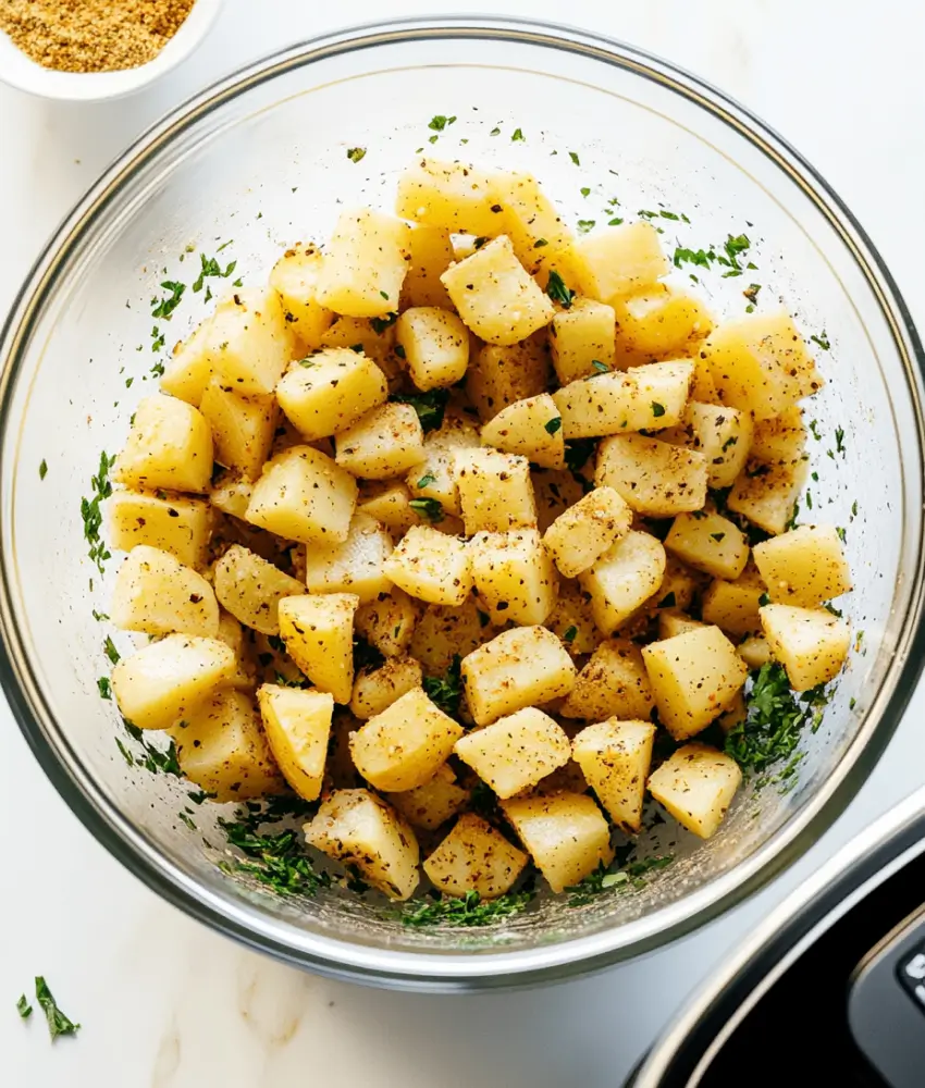 A glass bowl filled with diced potatoes seasoned with spices and garnished with fresh parsley, ready for cooking.