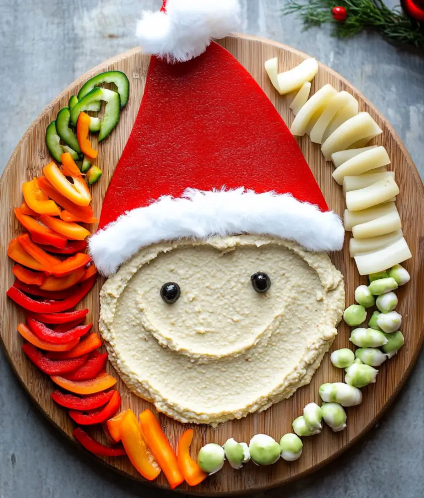 A creative Santa-themed hummus platter featuring a smiling face made of hummus with a red hat and fresh vegetables like peppers, cucumbers, and mozzarella balls arranged around it.