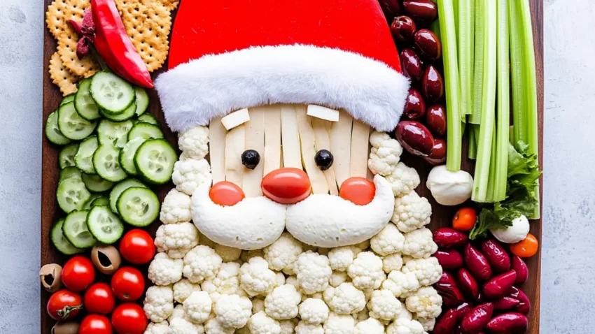 A colorful Santa-themed veggie tray featuring cauliflower, cherry tomatoes, cucumbers, celery, olives, and crackers arranged to resemble Santa Claus wearing a red hat.