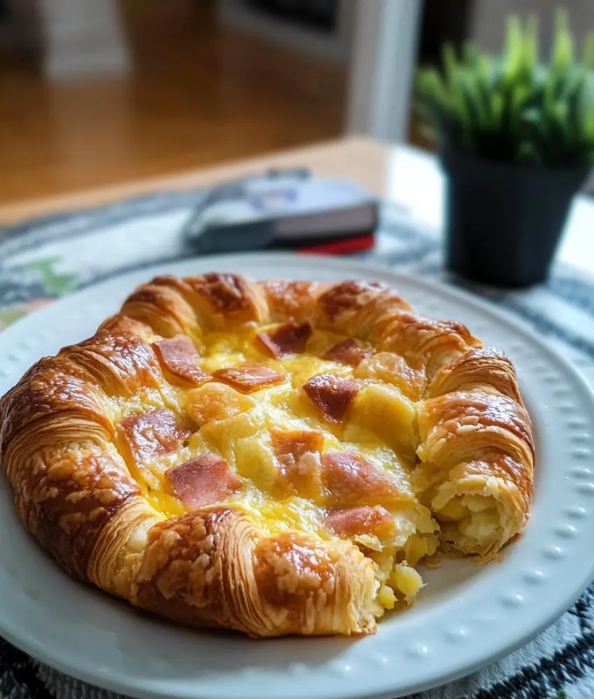 A flaky croissant breakfast pie filled with melted cheese and diced ham, served on a white plate with a cozy background featuring a plant and blurred decor.