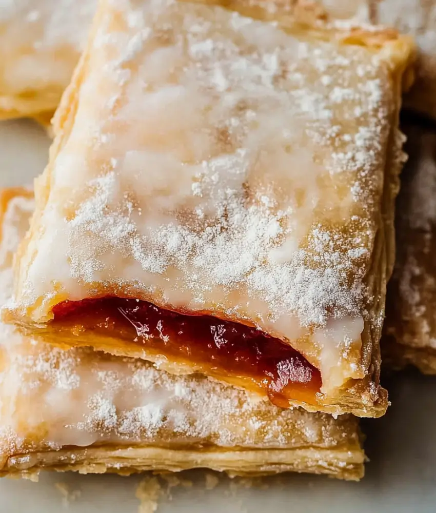 Close-up of a homemade sourdough pop tart with flaky layers, strawberry jam filling, and a powdered sugar glaze on top.