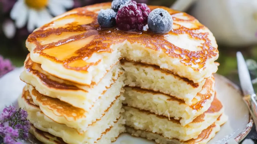 A stack of fluffy buttermilk pancakes topped with blueberries, blackberries, and a drizzle of golden maple syrup, served on a rustic plate.