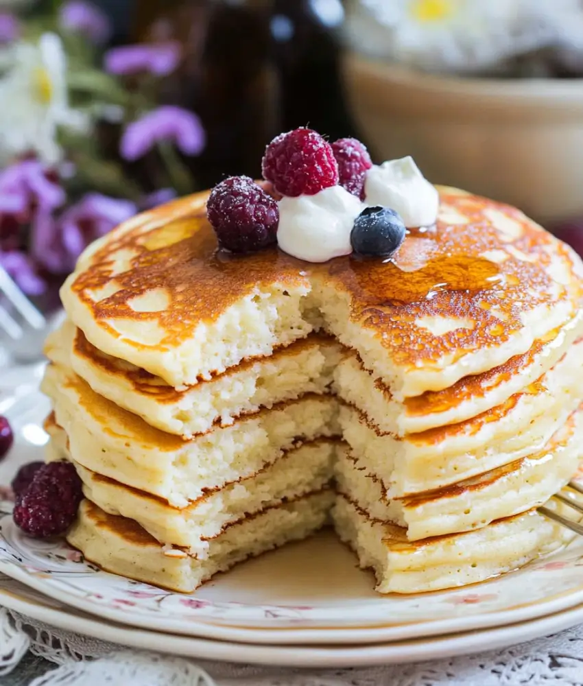 A tall stack of fluffy buttermilk pancakes topped with whipped cream, fresh raspberries, blueberries, and golden maple syrup, served on a floral plate.