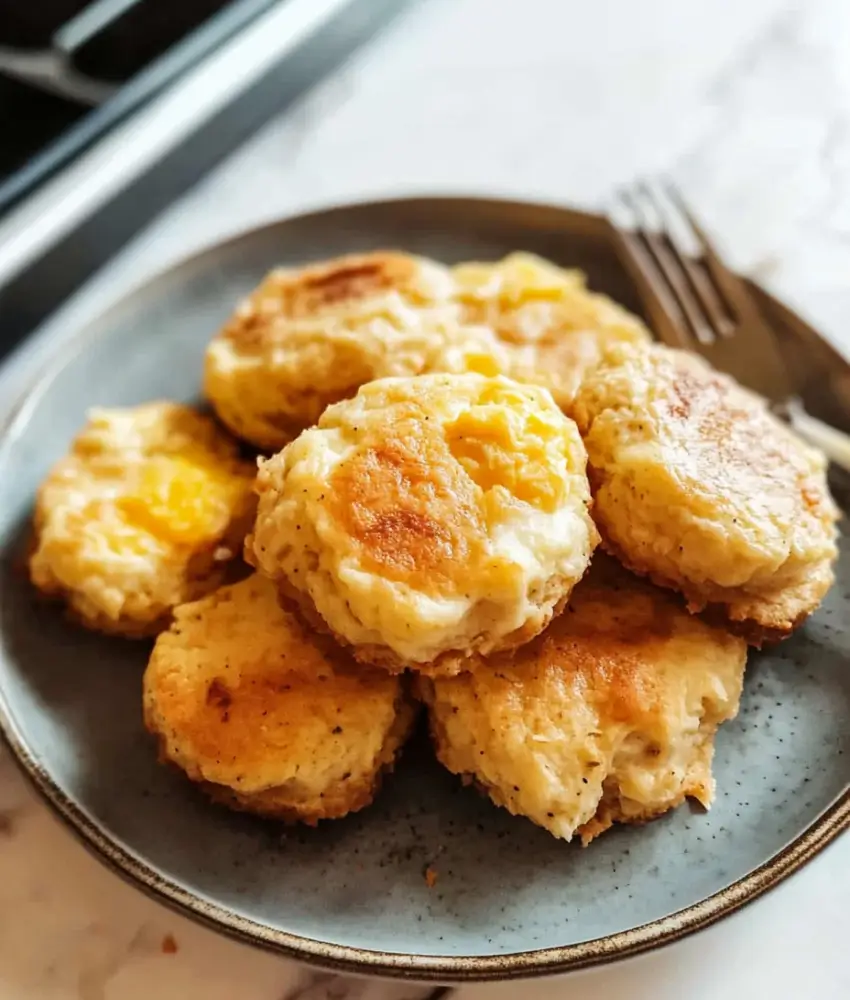 A plate of golden-brown homemade egg biscuits, stacked and served fresh on a blue ceramic plate, with a fork in the background.