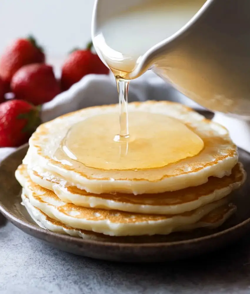 A stack of fluffy pancakes on a plate with golden coconut syrup being poured from a pitcher, accompanied by fresh strawberries in the background.