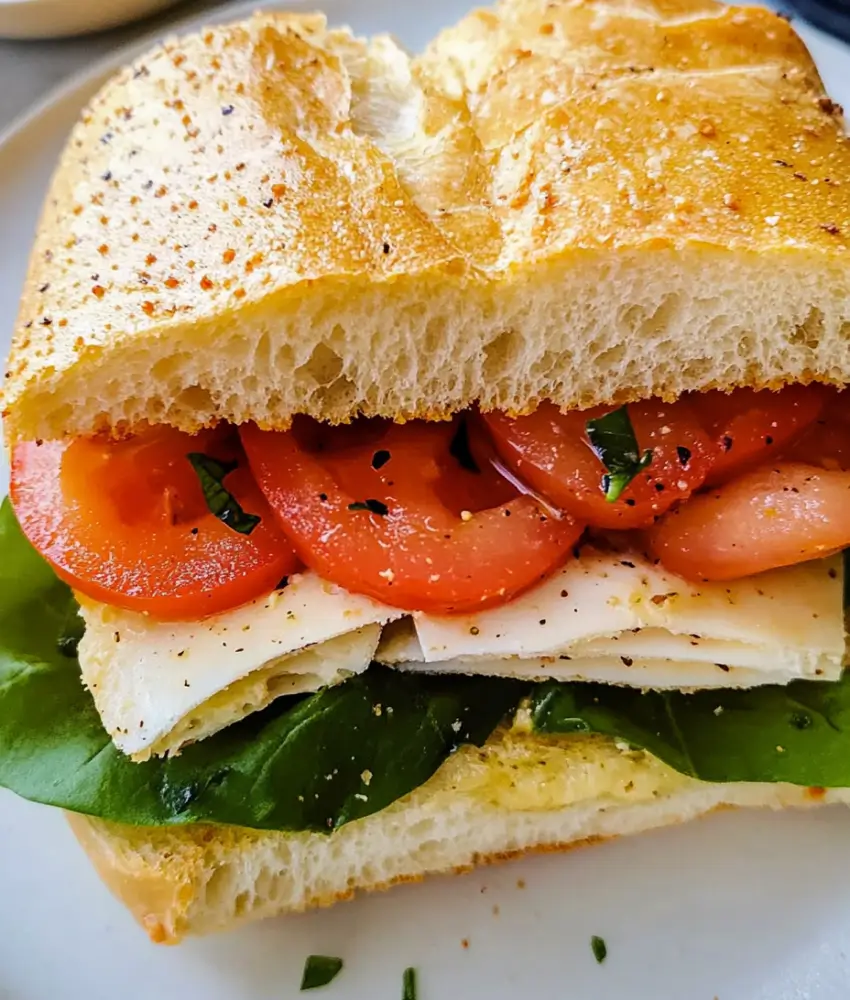 A freshly prepared ciabatta sandwich with layers of sliced tomatoes, spinach leaves, cheese, and a light seasoning on a golden, crusty bread.