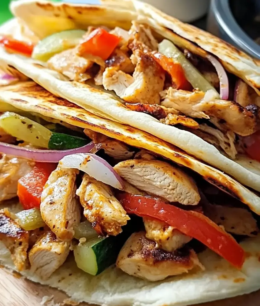 A flat lay of ingredients including raw chicken breast, pita bread, cherry tomatoes, cucumber slices, red onion, olive oil, seasoning, and a bowl of tzatziki sauce.