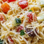 A vibrant spaghetti salad with cucumbers, cherry tomatoes, olives, and Parmesan cheese in a creamy dressing.