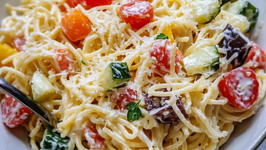 A vibrant spaghetti salad with cucumbers, cherry tomatoes, olives, and Parmesan cheese in a creamy dressing.