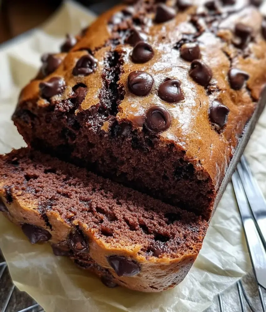 Close-up of a sliced loaf of chocolate chip bread, showing a golden-brown crust, moist chocolate interior, and melted chocolate chips on top.