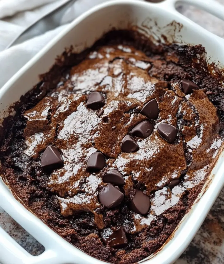 A close-up of a freshly baked chocolate cobbler in a white baking dish, topped with melted chocolate chips and a glossy, gooey texture.