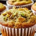 Close-up of homemade pistachio muffins with a golden-brown crust, topped with chopped pistachios, in white paper liners.