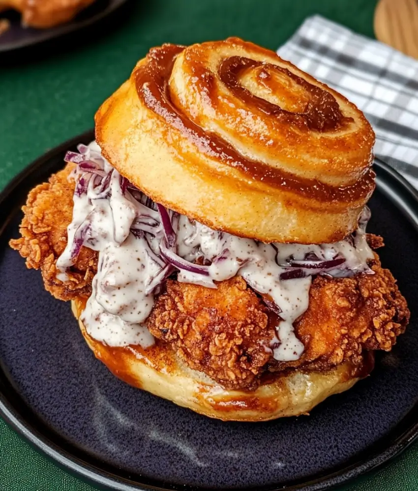 A fried chicken sandwich with crispy golden chicken, creamy sauce, shredded purple cabbage, and a cinnamon roll bun on a dark plate.