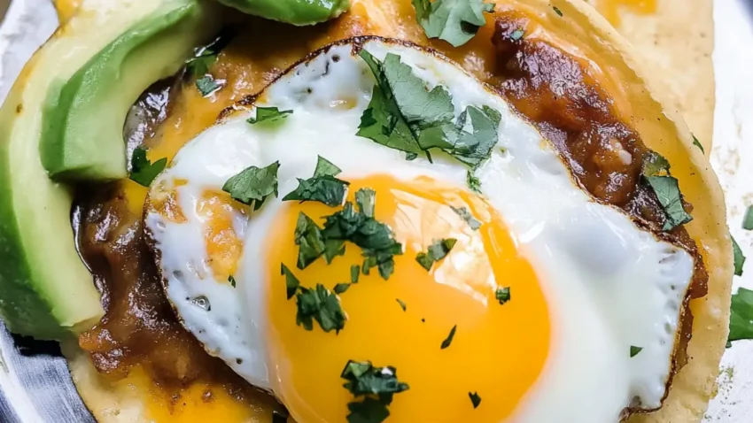 Close-up of a fried egg taco topped with fresh cilantro, sliced avocado, melted cheese, and savory salsa.