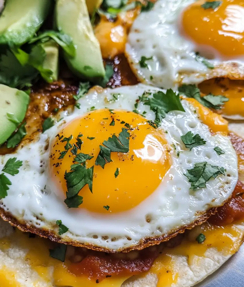 Close-up of two fried egg tacos topped with fresh cilantro, creamy avocado slices, melted cheese, and salsa on a tortilla.