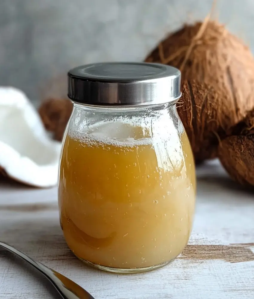 A glass jar filled with golden coconut syrup, sealed with a metal lid, surrounded by fresh coconuts and a spoon on a rustic white table.