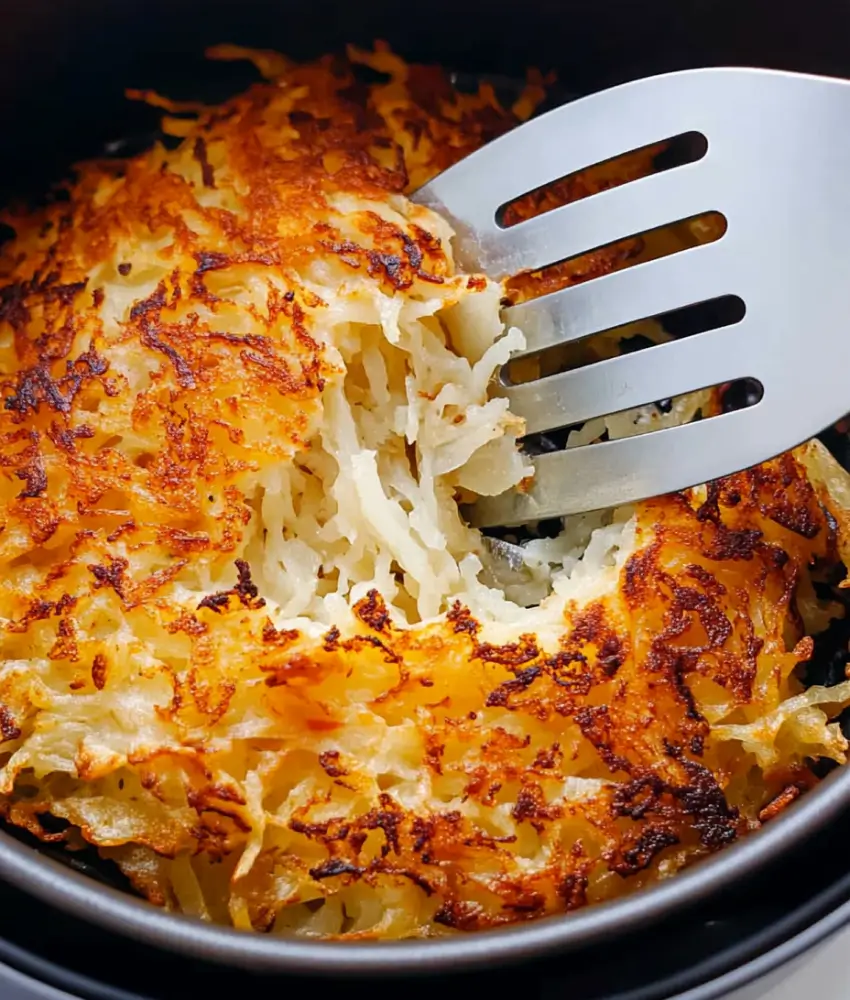 A close-up of a spatula lifting crispy hash browns from the air fryer, showing their golden texture and flaky interior.