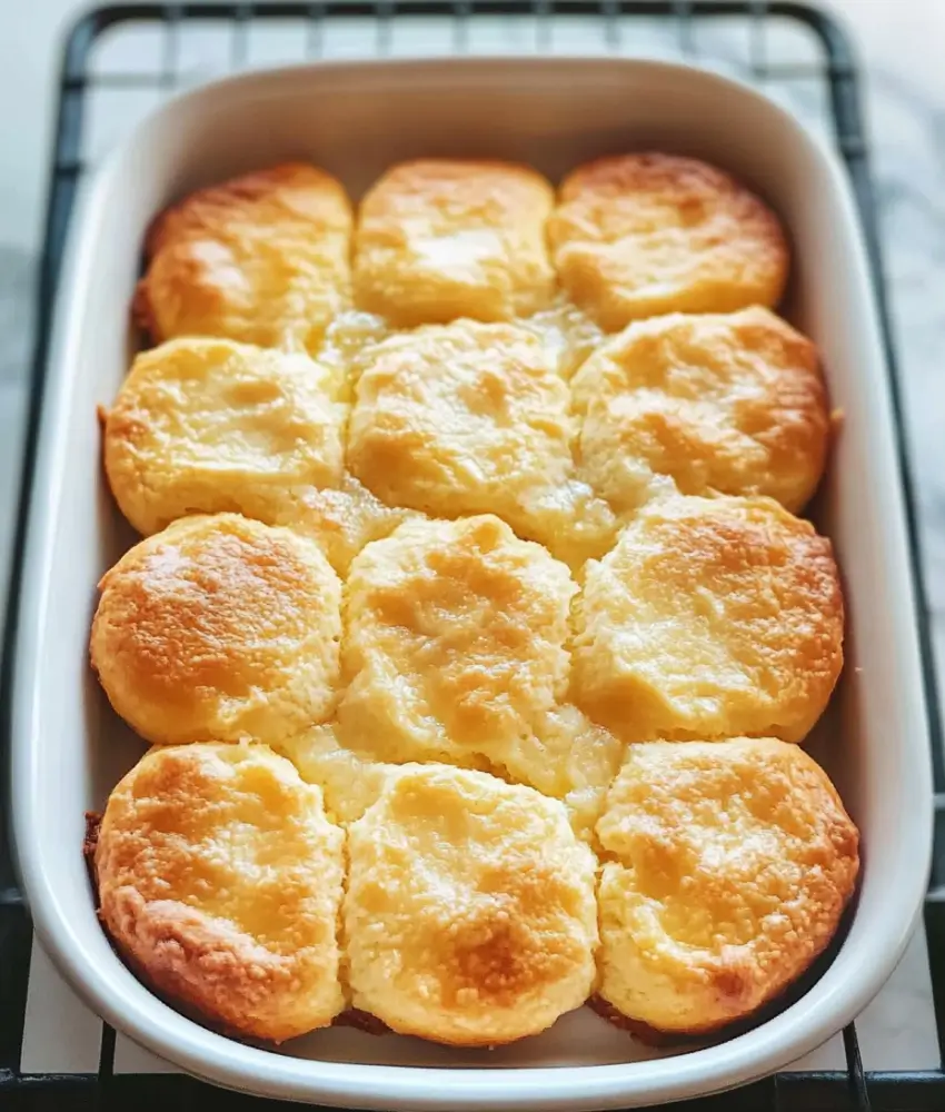 Freshly baked golden egg biscuits in a white casserole dish, cooling on a wire rack. Perfectly golden tops and fluffy texture.