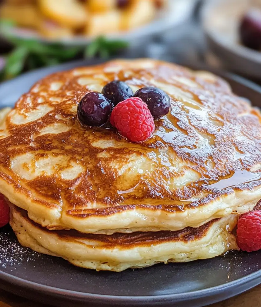 A stack of golden buttermilk pancakes topped with fresh raspberries, blueberries, and a drizzle of maple syrup, served on a dark plate.