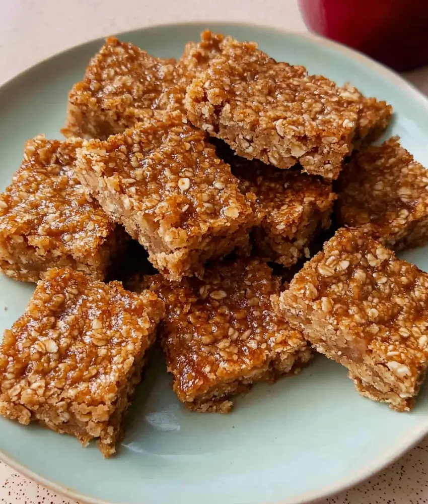 A stack of golden, chewy buttery flapjack bars served on a pale green plate with a red apple in the background.