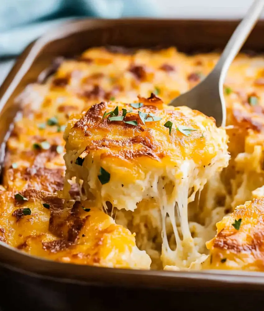 A spoonful of cheesy potatoes being lifted from a casserole dish, showcasing gooey melted cheese, golden-brown crust, and parsley garnish.