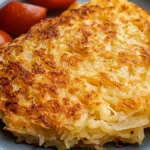 Close-up of crispy golden hash browns made in an air fryer, served on a plate with cherry tomatoes.