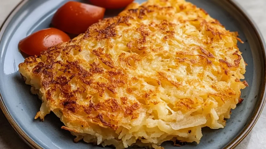 Close-up of crispy golden hash browns made in an air fryer, served on a plate with cherry tomatoes.