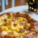 A flaky croissant breakfast pie filled with melted cheese, diced ham, and herbs, served on a white table with soft holiday lights in the background.