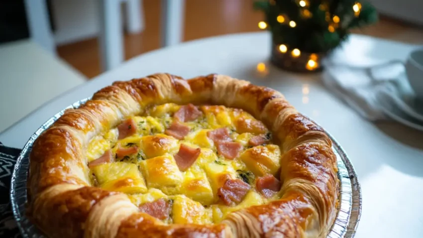 A flaky croissant breakfast pie filled with melted cheese, diced ham, and herbs, served on a white table with soft holiday lights in the background.