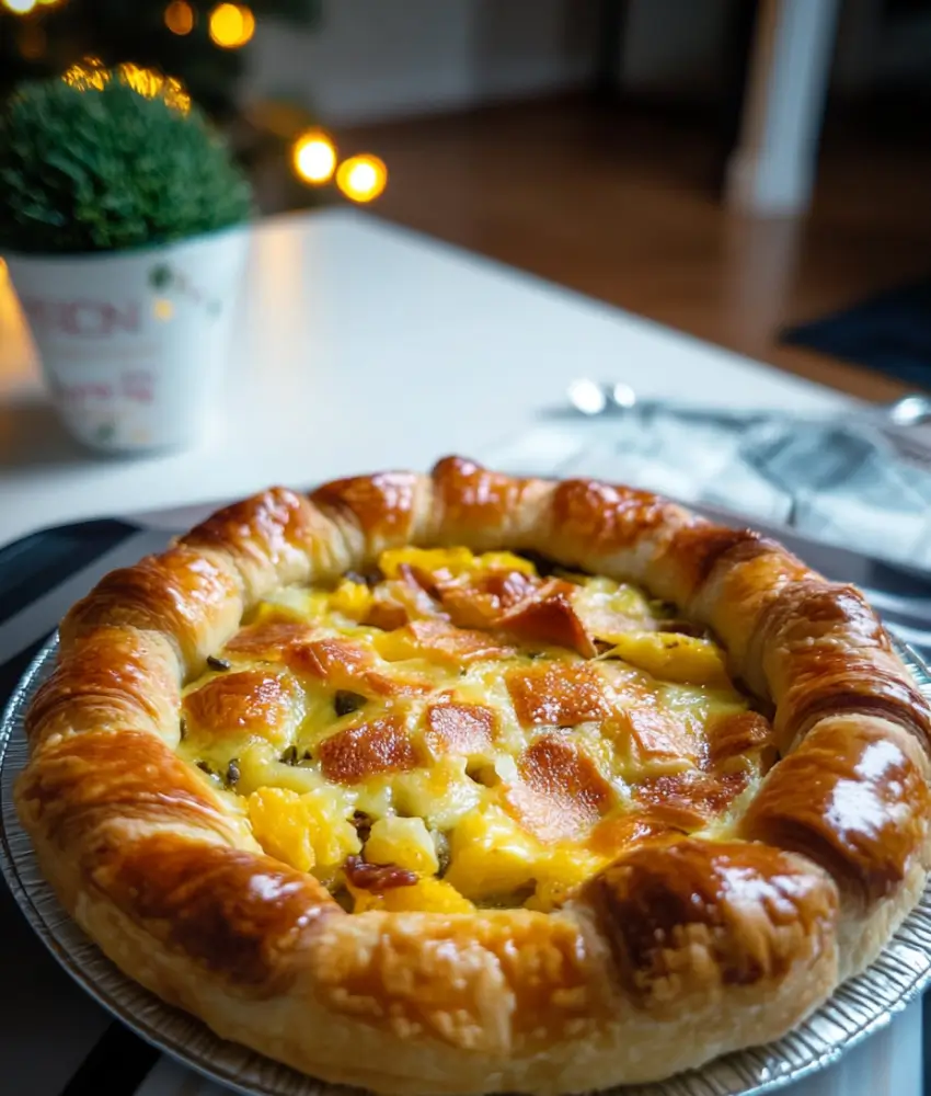 A golden croissant breakfast pie filled with cheese and herbs, served in a foil pan with a cozy holiday background featuring blurred lights and a decorative mug.