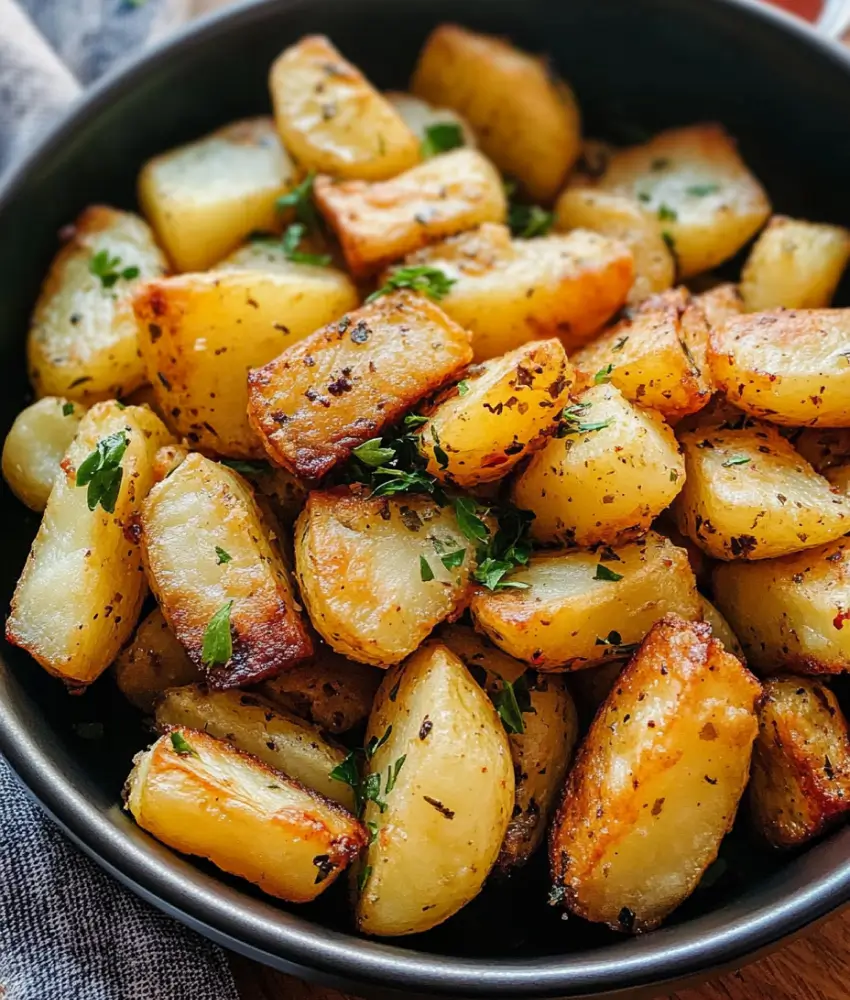 A bowl of golden roasted potatoes, lightly seasoned with herbs and garnished with fresh parsley, served as a savory side dish.