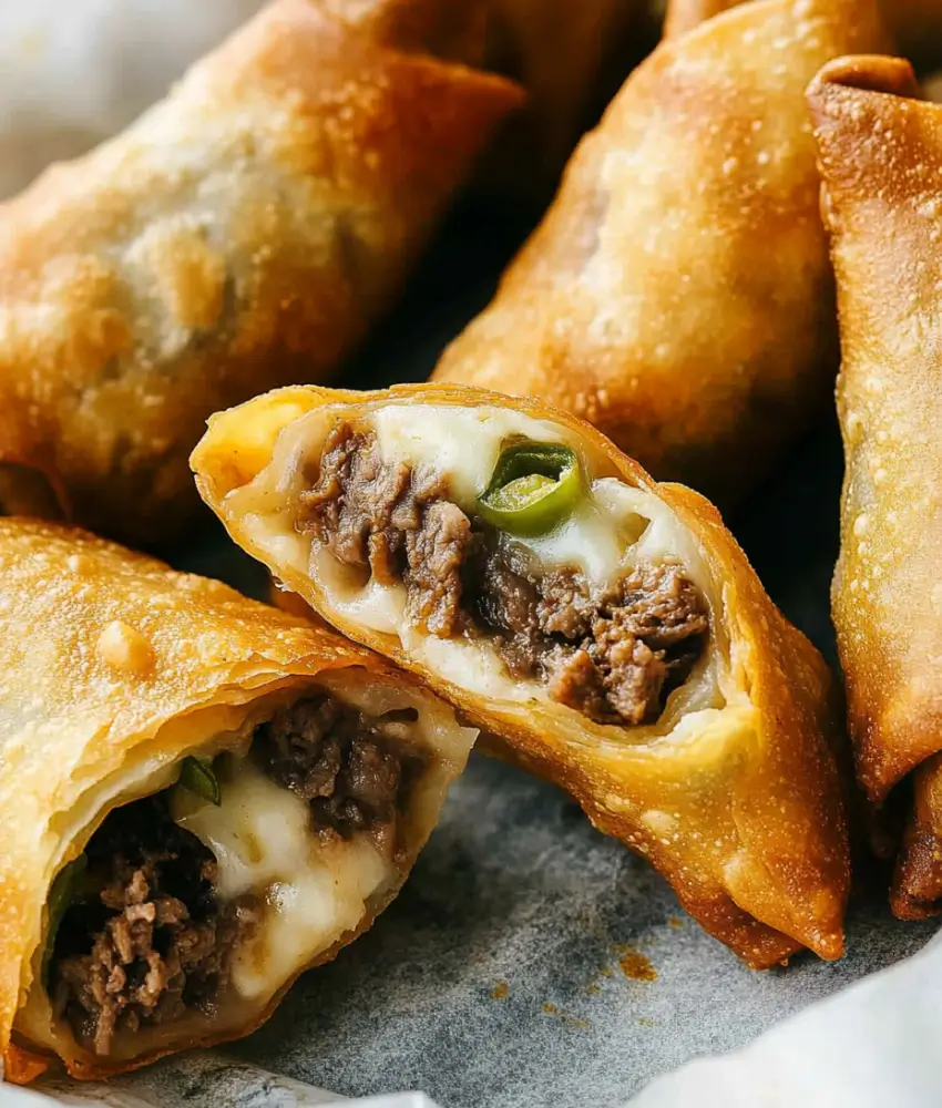 Philly cheesesteak egg rolls with a golden, crispy shell, filled with seasoned beef, melted cheese, and green peppers, displayed on parchment paper.